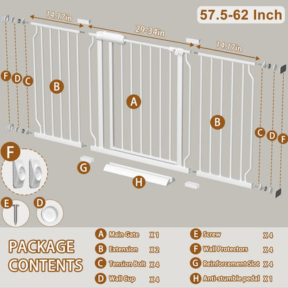Fairy Baby Extra Wide Baby Gate for Dogs Pressure Monuted Safety Gate for Living Room, Fits 62 Inch to 67 Inch with No Drill Auto Close Dog Gate for Doorways, White