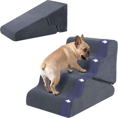 Dog Ramp for Bed, 23" H Dog Stairs for High Bed, 2 in 1 Pet Steps for Small Dogs, 5-Step Foldable Transformable Large Cats Ramp to Get on Couch, Non-Slip Balanced, Grey