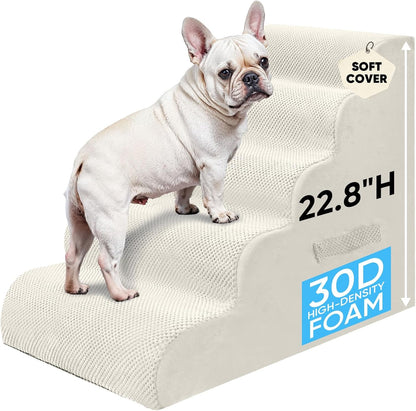 PAWSCRAT Pet Stairs for Dogs 4-Step, 19.6" H Pet Stairs for High Bed, Couch Sofa & Chair, 30D Material Soft Foam Dog Steps with Non-Slip Bottom Surface Removable Washable Cover, Grey