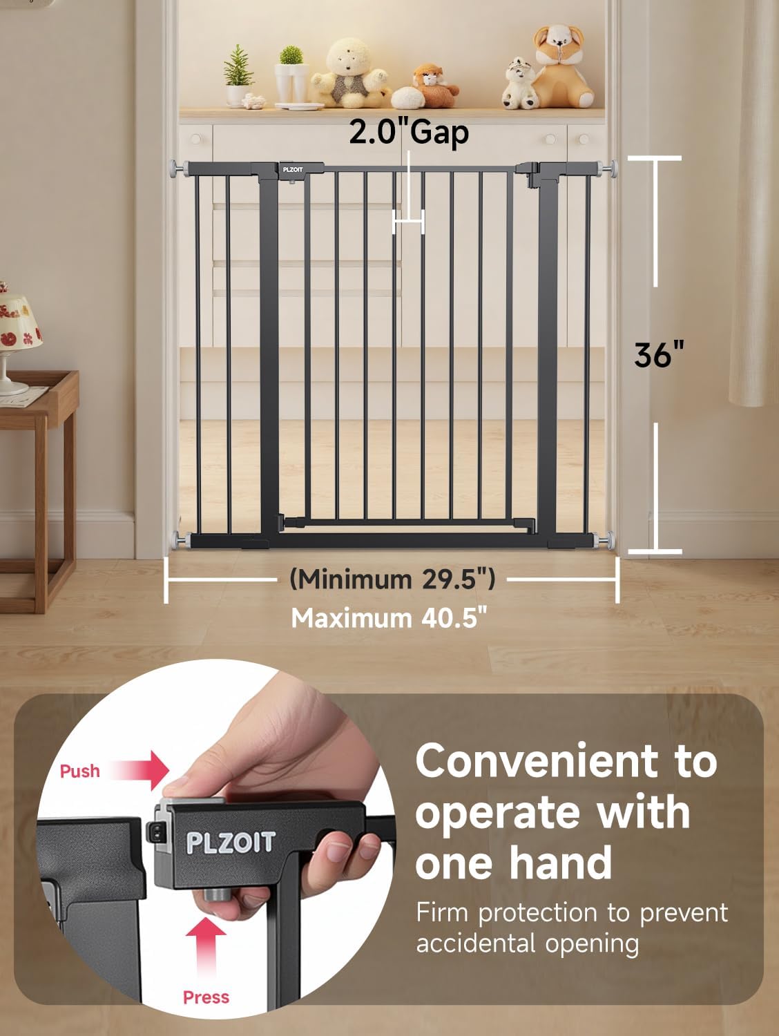 29.5-40.5" Baby Gate for Stairs, Dog Gate for Doorways, Walk Thru Auto Close Metal Baby Safety Gate for The House, Stairs and Doorways, Child Gate Pressure Mounted, Pet Gate for Dog Indoor - Black