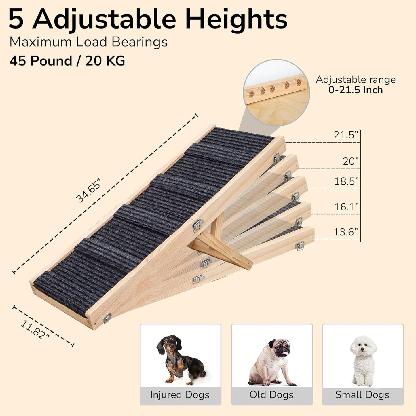 Upgraded 2026 Adjustable Dog Ramp 34.65" Foldable Pet Ramp with 5 Heights 13.6–21.5", Non-Slip Carpet & Leather Handle – Ramp for Bed, Couch & Sofa