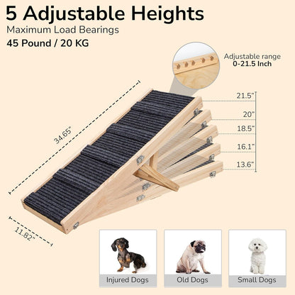 Upgraded 2026 Adjustable Dog Ramp 34.65" Foldable Pet Ramp with 5 Heights 13.6–21.5", Non-Slip Carpet & Leather Handle – Ramp for Bed, Couch & Sofa