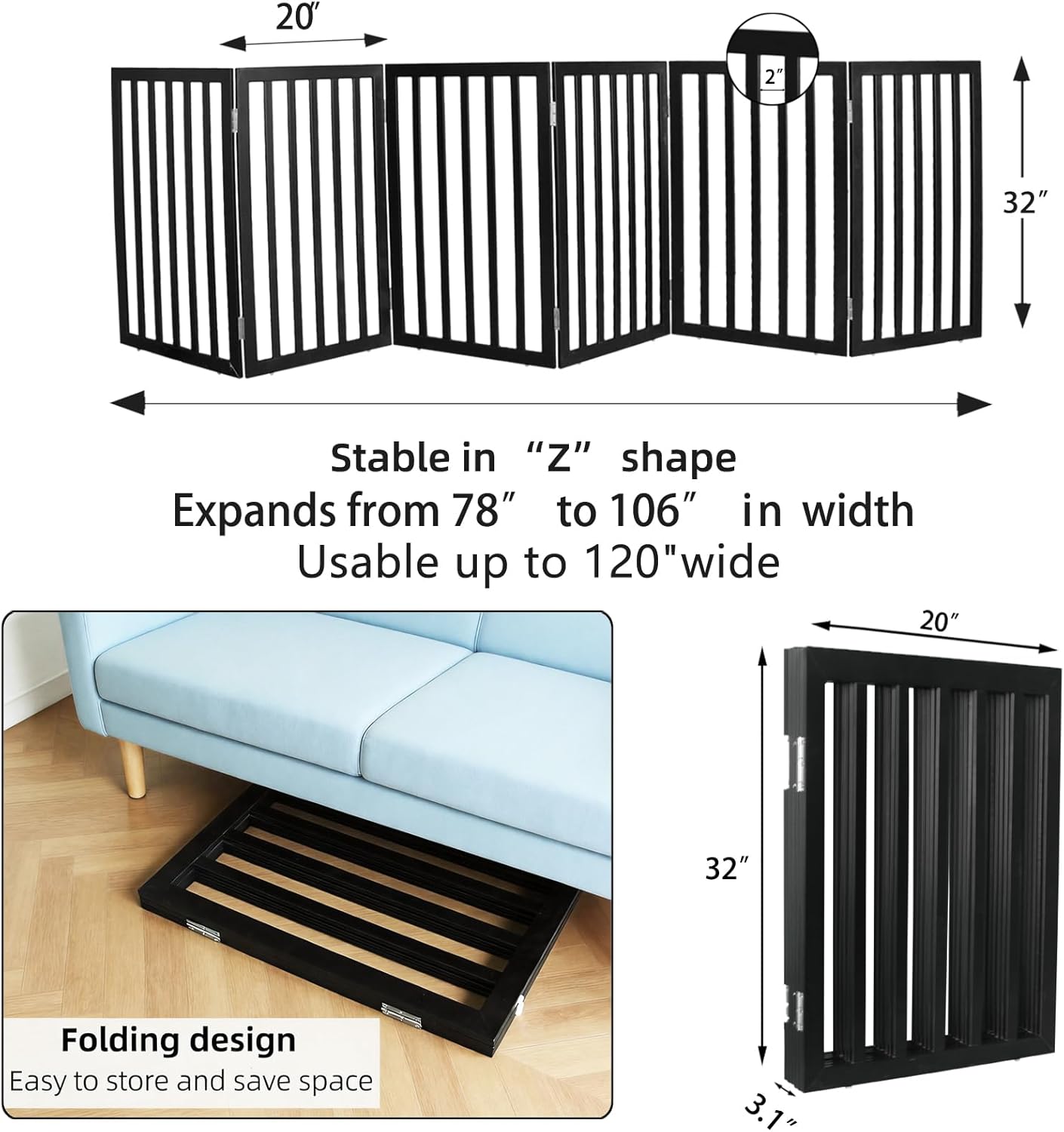 Dog Gate Indoor, Freestanding Dog Fence for The House, Doorways, Hallways,or Stairs,Pet Gate Foldable Wooden,Expandable 24" Height 3 Panels,White