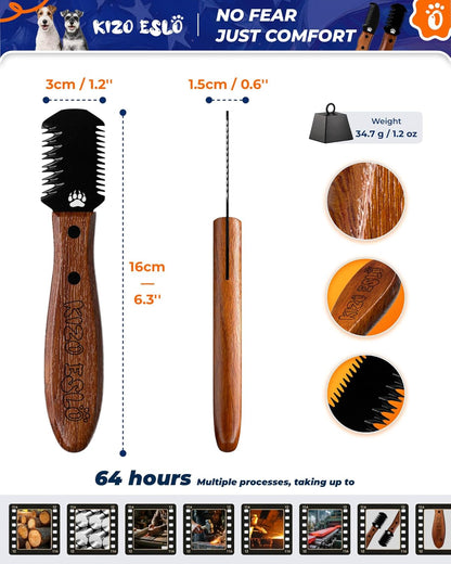 KIZO ESLO Dog Dematting Brush & Undercoat Rake for Doodles, Poodles & Long-Haired Pets, Detangling Comb for Thick Curly Coats, Removes Mats, Knots & Tangles, Stainless Steel Teeth with Wooden Handle