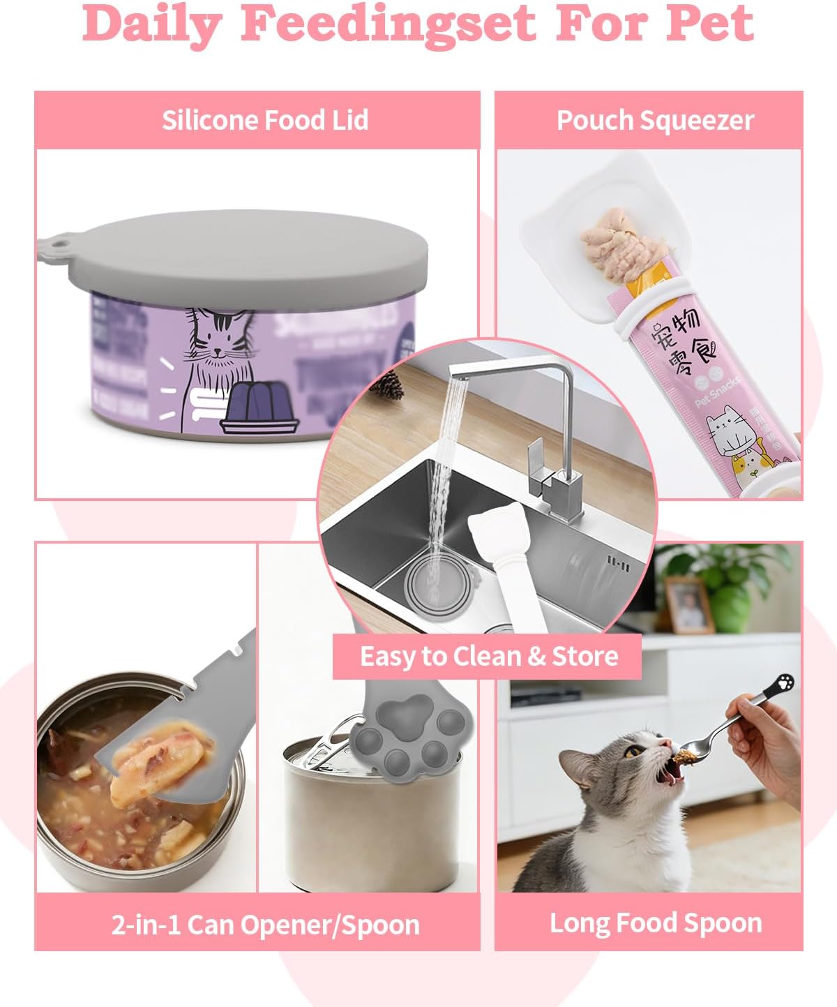 6 PCS Cat Food Can Covers Set, Reusable Silicone Can Lids with Opener, Stainless Steel Wet Food Spoon & Cat Treat Squeezer for Pet Feeding and Storage, Fits Cats & Dogs