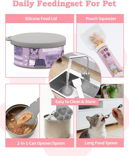 6 PCS Cat Food Can Covers Set, Reusable Silicone Can Lids with Opener, Stainless Steel Wet Food Spoon & Cat Treat Squeezer for Pet Feeding and Storage, Fits Cats & Dogs
