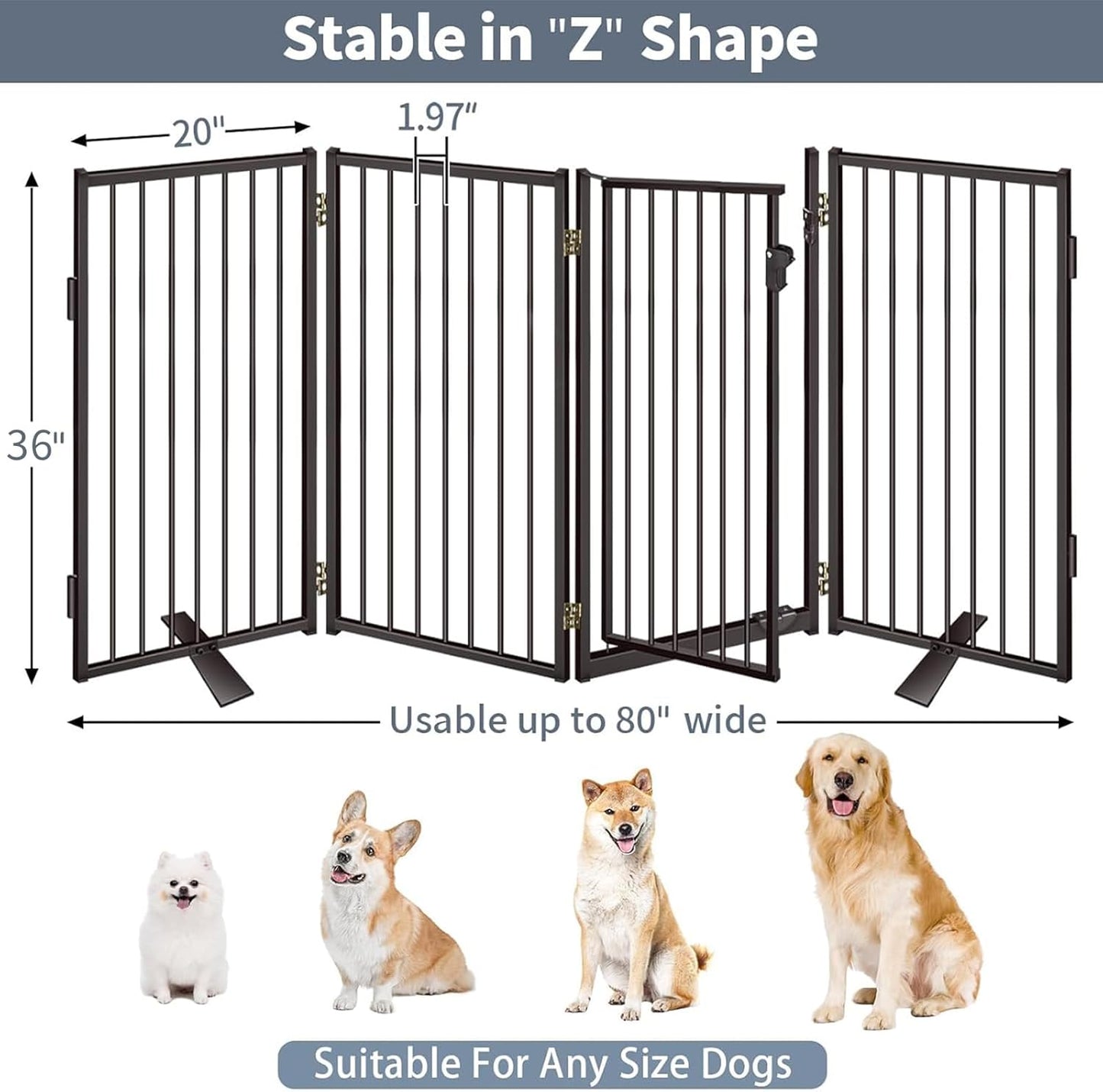 Metal Freestanding Dog Gates with Door for Outdoor Indoor,80'' Extra Wide 32'' Tall Free Standing Dog Gate for Doorways,Large Openings,Deck,Yard,Foldable Safety Pet Fence(Black,4 Panels)
