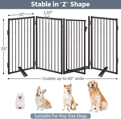Metal Freestanding Dog Gates with Door for Outdoor Indoor,80'' Extra Wide 32'' Tall Free Standing Dog Gate for Doorways,Large Openings,Deck,Yard,Foldable Safety Pet Fence(Black,4 Panels)