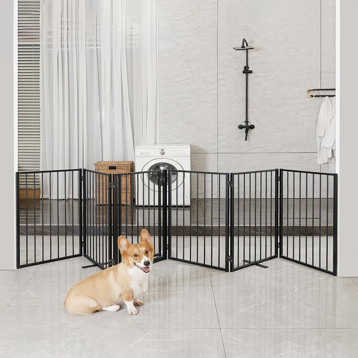 Metal Freestanding Dog Gates with Door for Outdoor Indoor,80'' Extra Wide 32'' Tall Free Standing Dog Gate for Doorways,Large Openings,Deck,Yard,Foldable Safety Pet Fence(Black,4 Panels)