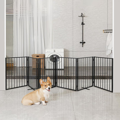 Metal Freestanding Dog Gates with Door for Outdoor Indoor,80'' Extra Wide 32'' Tall Free Standing Dog Gate for Doorways,Large Openings,Deck,Yard,Foldable Safety Pet Fence(Black,4 Panels)