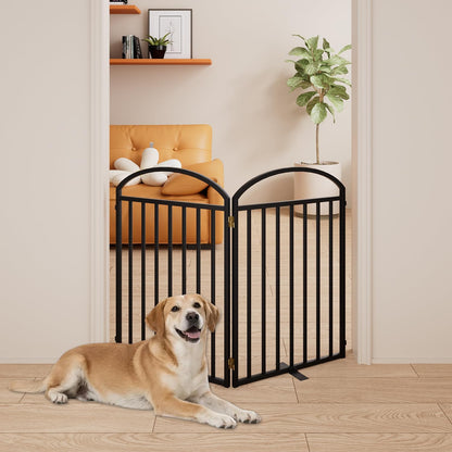 SNUOWU 4 Panels Full Matel Freestanding Dog Gates with Door, 96"Extra Wide 32"Tall Free Standing Dog Pet Gate for Indoor & Outdoor. Foldable Pet Fences for Doorways, House, Stairs, Porch, Deck, Yard