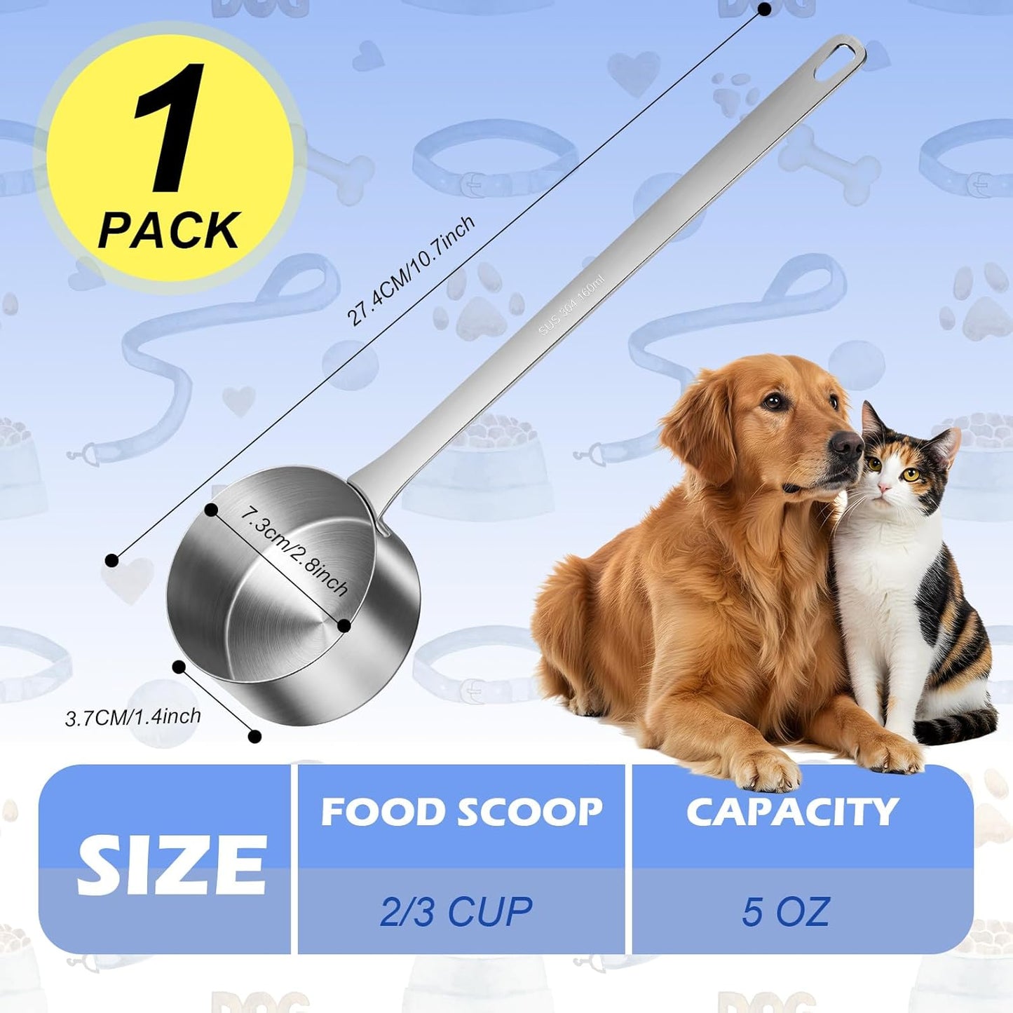 1 Cup Dog Food Scoop,Scoop for Dog Foods with 7.8'' Long Handle,Stainless Steel Dog Food Measuring Cups for Pet Foods,Easy to Clean (1CUP)