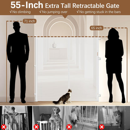 Reinforced 55" Extra Tall Pet Gate for Doorway - No Jumping Over, 55" Wide Retractable Baby Gates with Support Rods - No Crawling Under, Climb Proof Cat Gate for Stairs Tall Retractable Dog Gate/Black