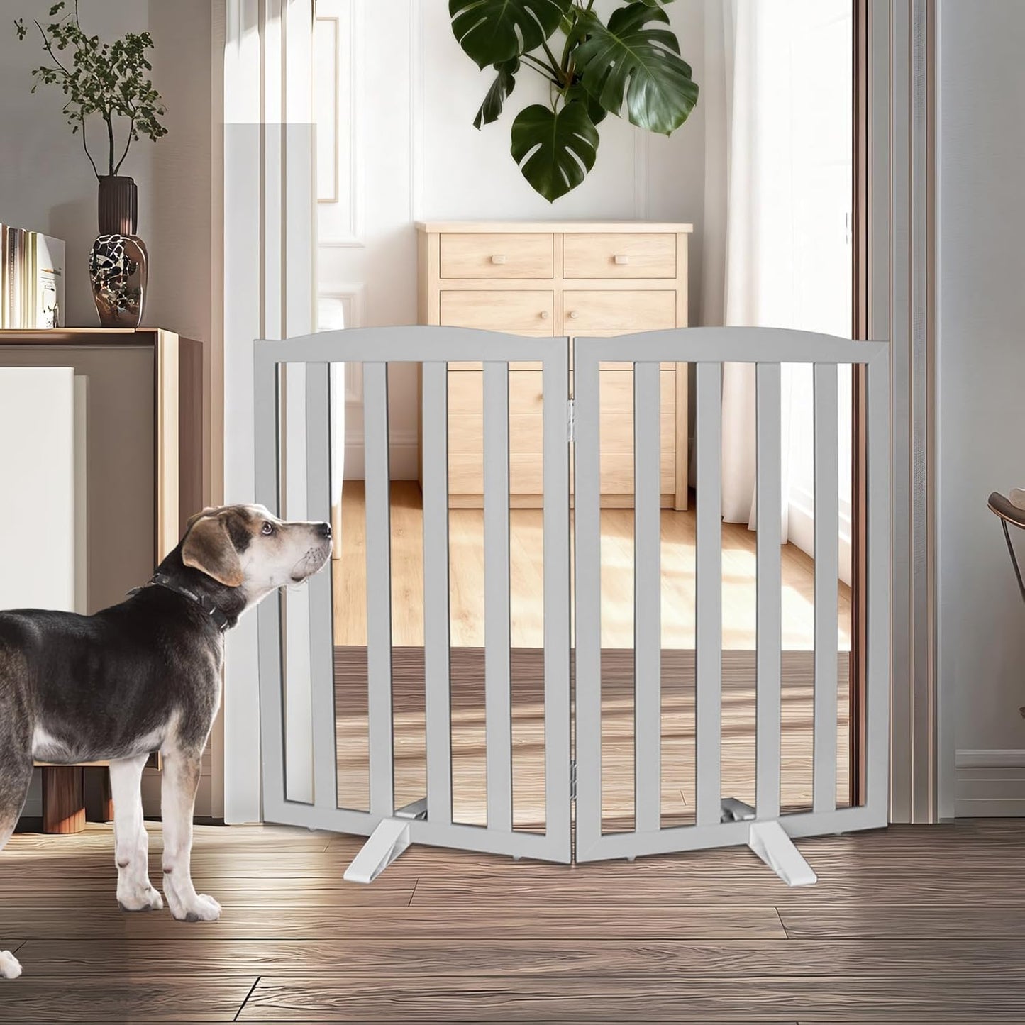 Freestanding Dog Gate Indoor,Doggie Gate Foldable Dog Gates for Doorways,Stairs or Hallways, Wooden White Pet Gate for the House, Pet Fence with Support Feet Included,24 "Height-4 Panels