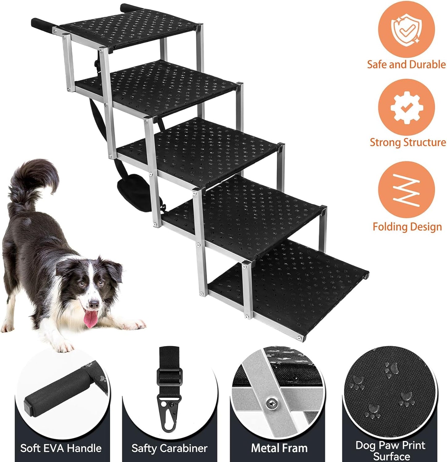 Dog Stairs for Car - Foldable Dog Ramps for Large Dogs with Non Slip Surface, Portable Dog Steps for Cars and SUV, Truck, Support Up to 200 Lbs
