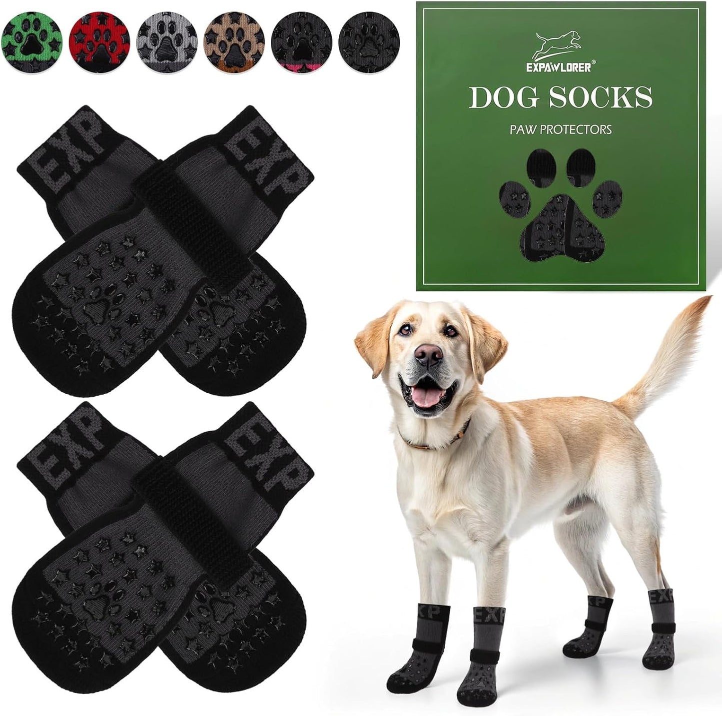 EXPAWLORER Anti Slip Dog Socks to Prevent Licking Paws, Dog Shoes for Hot Pavement, Booties for Hardwood Floors, Dog Boots & Paw Protectors with Grippers for Small Medium Large Senior Dogs Black