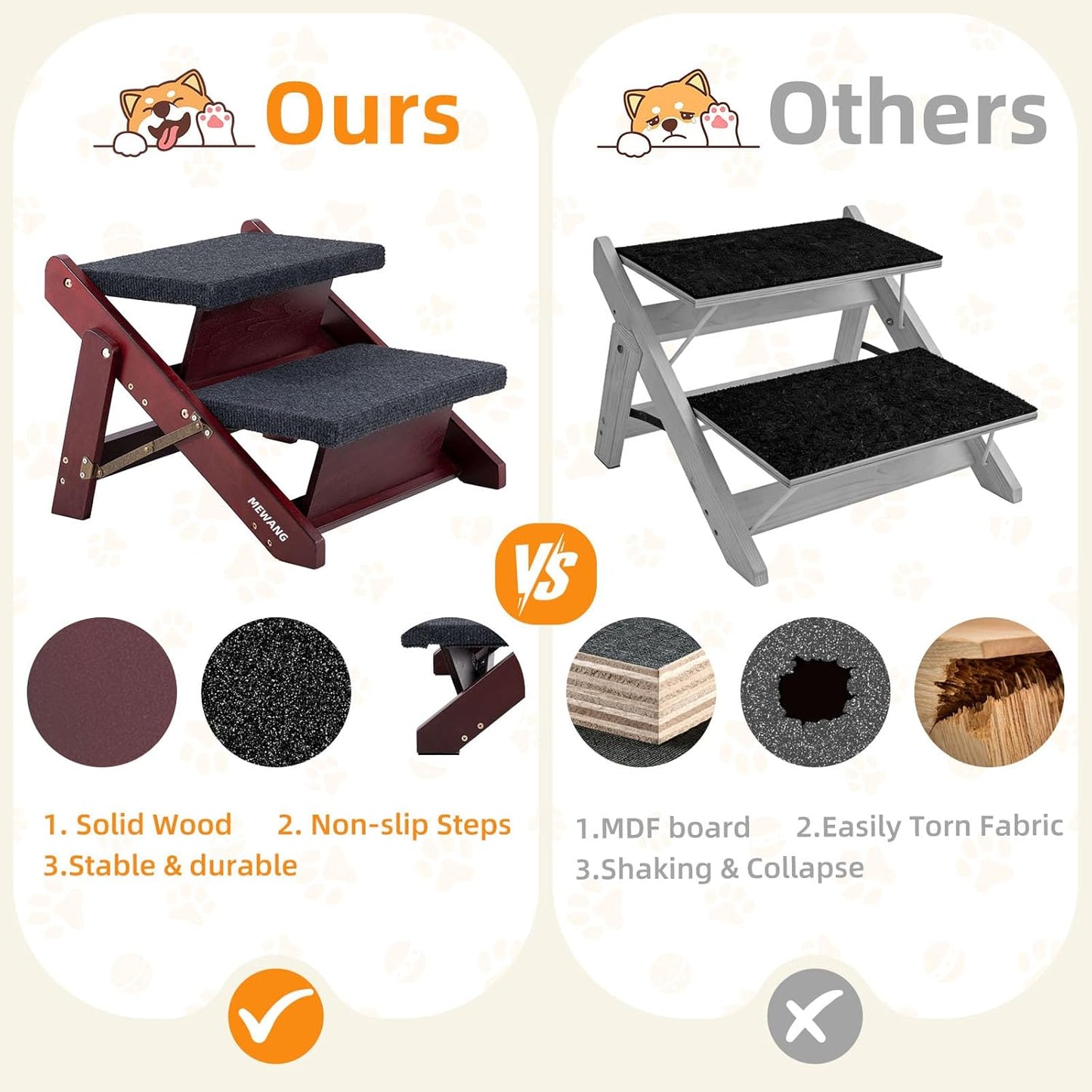 MEWANG Wooden Pet Stairs/Pet Steps - 3-in-1 Foldable Stairs & Ramp for Beds and Cars - Portable Dog/Cat Ladder Up to 220 Pounds - Great for Small and Older Animals(Brown) (24.8" L x 17.2" W x 19.5" H)