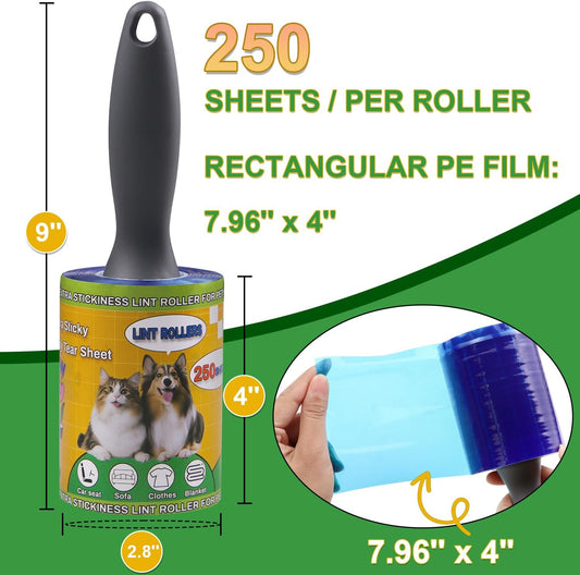 Lint Roller Pet Hair Value Pack of 250 Sheets, Extra Sticky Lint Remover for Dog & Cat Fur, Clothes, Furniture, Couches Reusable Lint Remover for Fuzz, Fluff & Hair(White)