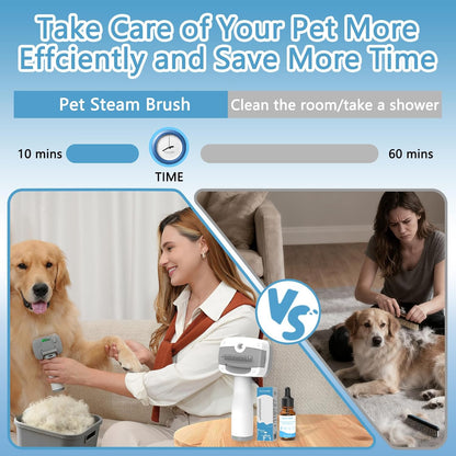 Pet Steam Brush for Dogs & Cats,5-in-1 Self-Cleaning Dog Steam Brush with 3 Swap-in Heads (Grooming, Dematting, Deshedding),Cat Spray Hair Removal Comb,Includes Pet Essence & Storage Bag