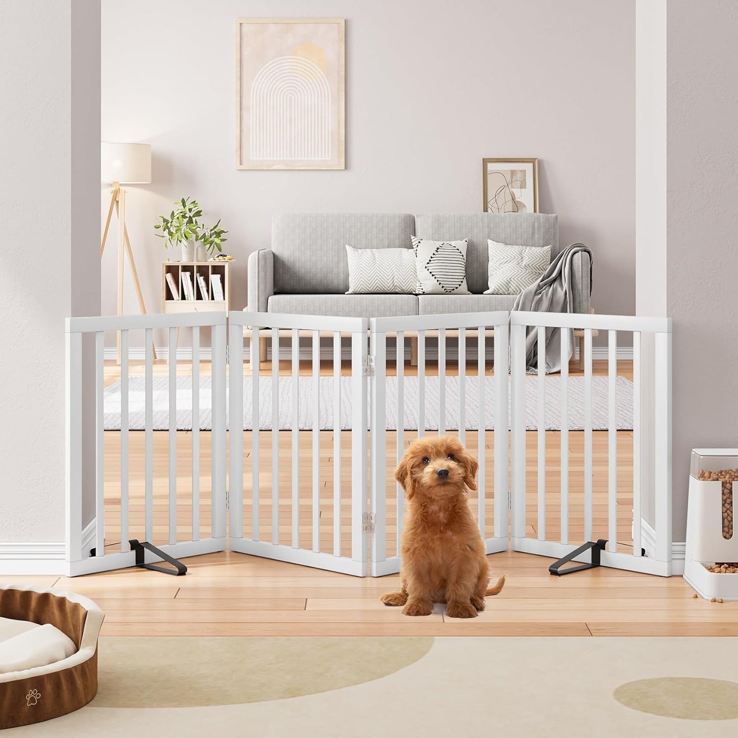 Freestanding Dog Gates Indoor, 3-Panel Pet Gates with 2 Metal Stands and 360° Hinge, 24" H Foldable Dog Gate for Stairs, Doorway, Kitchen, Expands Up to 55" Fully Assembled - Black Walnut
