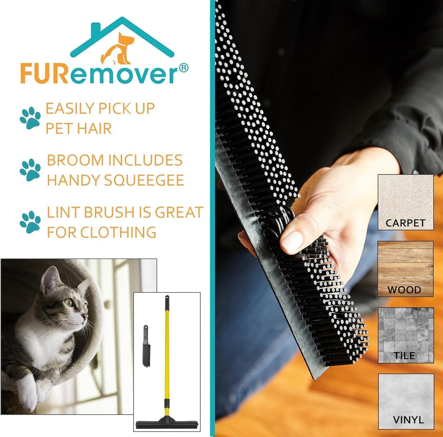 FURemover Pet Hair Removal Rubber Broom, 58" Telescopic Handle