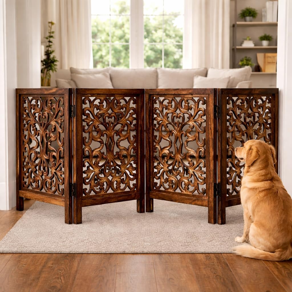 Freestanding Pet Gate for Dogs, Foldable Wooden Dog Gate for House, Indoor Dog Gate for Stair, Doorway, House Design Gates for Dogs Indoor, 72 Inch Wide, (18" x4 Panels 72 inch), Burnt Finish