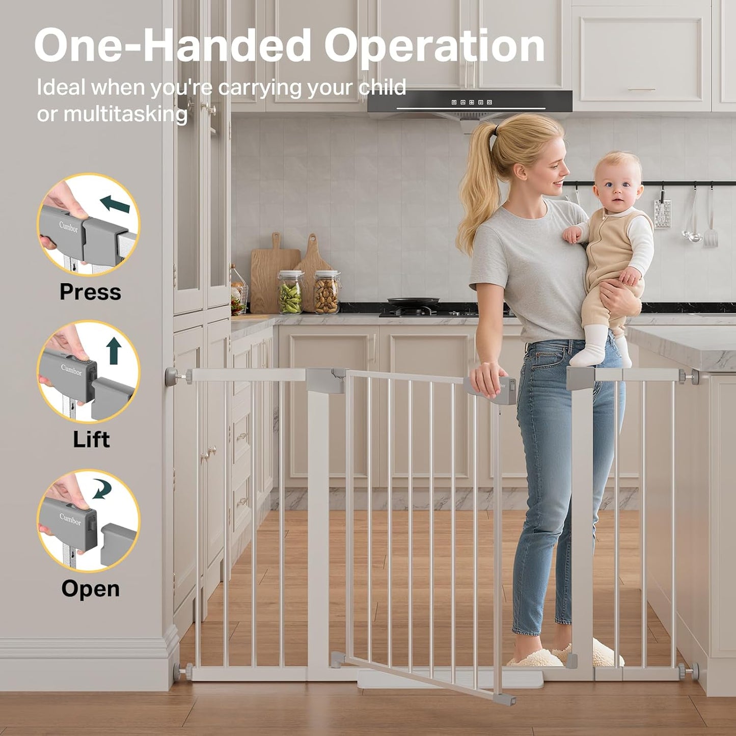 Cumbor 36.6-64" Extra Wide Baby Gate for Stairs, Dog Gates for Doorways, Auto-Close Pet Gate Indoor, Pressure Mounted Walk Through Safety Child Gate for Kids Toddler, Tall Pet Puppy Fence Gate, Brown