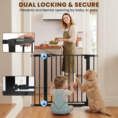Baby Gate for Stairs, 29.7-40.6" Auto Close Dog Gate Indoor for Doorways, Dual-Lock Design, Adjustable Pet Gate No Drilling with Walk Thru Door for Hallways, Stroller Friendly, Black