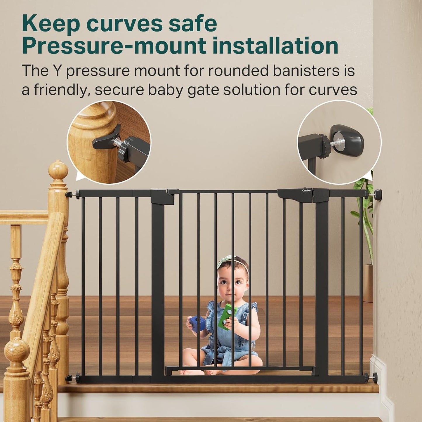 Cumbor 36.6-64" Extra Wide Baby Gate for Stairs, Dog Gates for Doorways, Auto-Close Pet Gate Indoor, Pressure Mounted Walk Through Safety Child Gate for Kids Toddler, Tall Pet Puppy Fence Gate, Brown