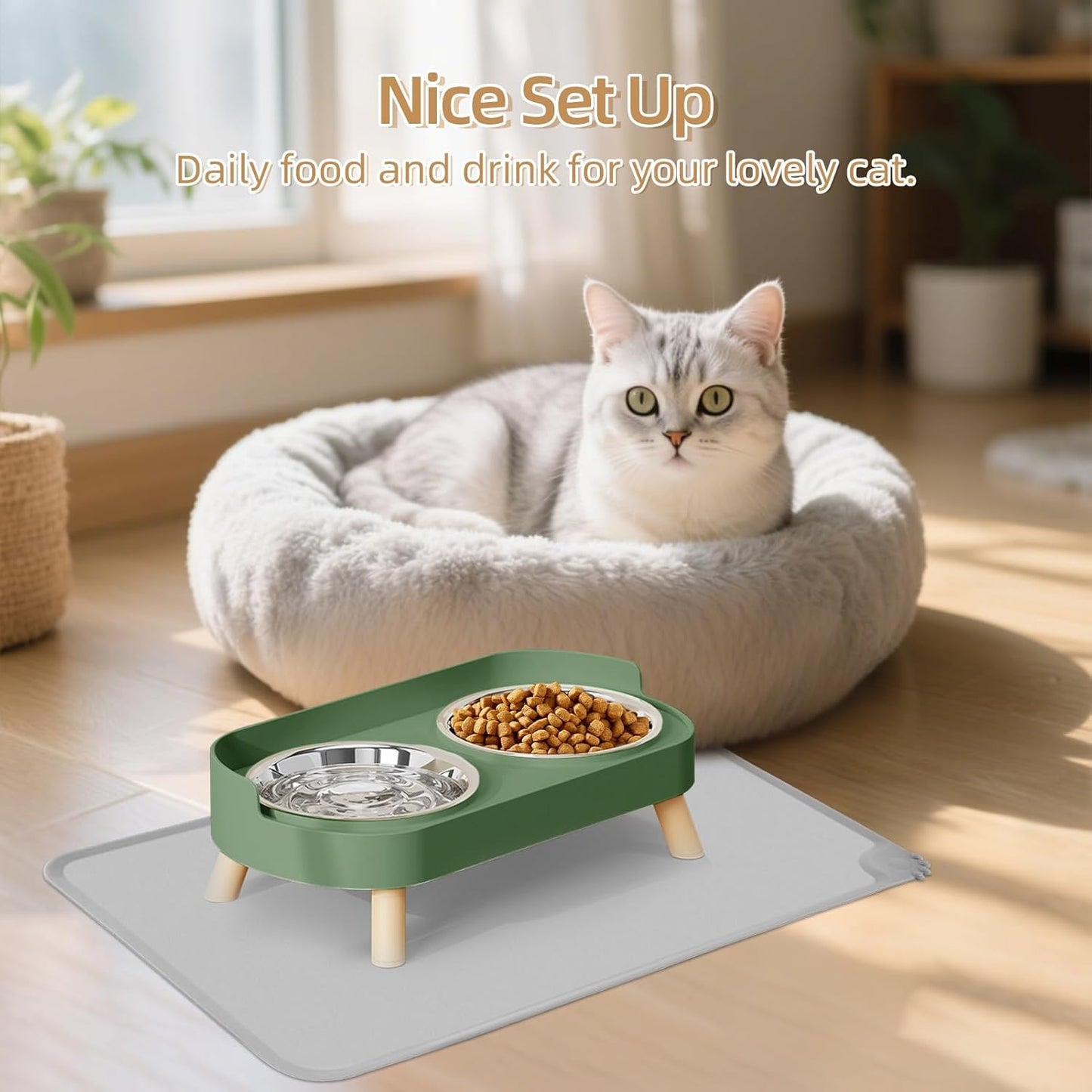 Elevated Cat Bowl, Raised Cat Food and Water Bowl Set for Indoor Cats, Splash Proof with 2 Stainless Steel Pet Food Bowls for Cats and Puppies, Whisker Fatigue and Dishwasher Safe - White