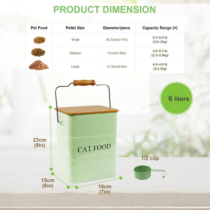 Dog Food storage container Dog Treats Jar,5~6 lb Metal food treats tin for Dog, pet snacks Canisters with wooden lid/handle/sevice scoop-Green