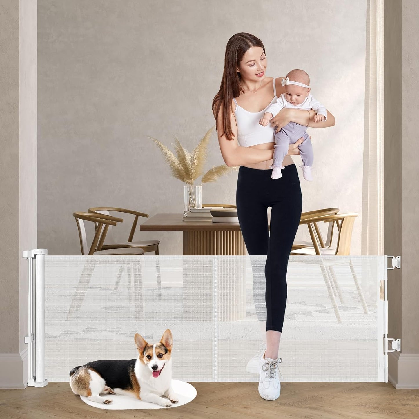 24" Tall X 120" Extra Wide Retractable Baby Gates, Short Dog Gates to Step Over, Reinforced Long Mesh Pet Gate with Support Rods, Small Puppy Gates for The House, Grey