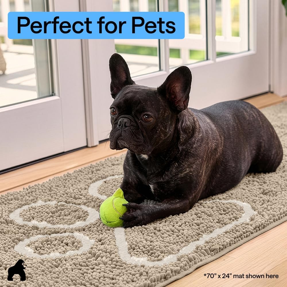 GORILLA GRIP SoakSTOPPER Dog Door Mat, 30x20 Machine Washable Rug Absorbent Doormat Captures Moisture Mud Dirt, Quick Dry Soft Chenille Entryway Rugs Indoor Entrance Mats for Dog Paws, Paw Grey