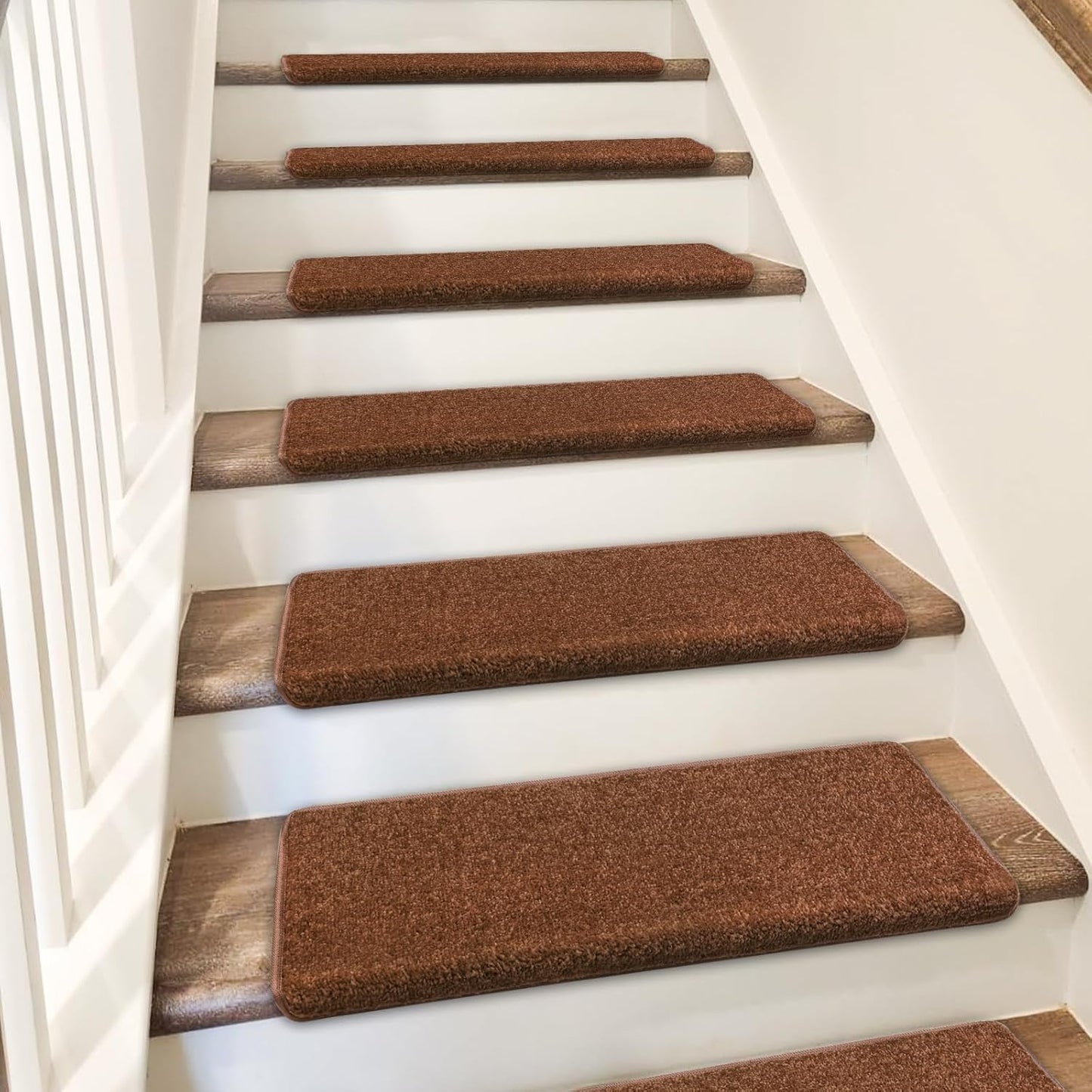 PURE ERA Bullnose Carpet Stair Treads Set Tape Free Non-Slip Indoor Stair Protectors Pet Friendly Rugs Covers Soft Skid Resistant Washable Reusable 9.5" x 30"(14 Pieces,Cream Gray)