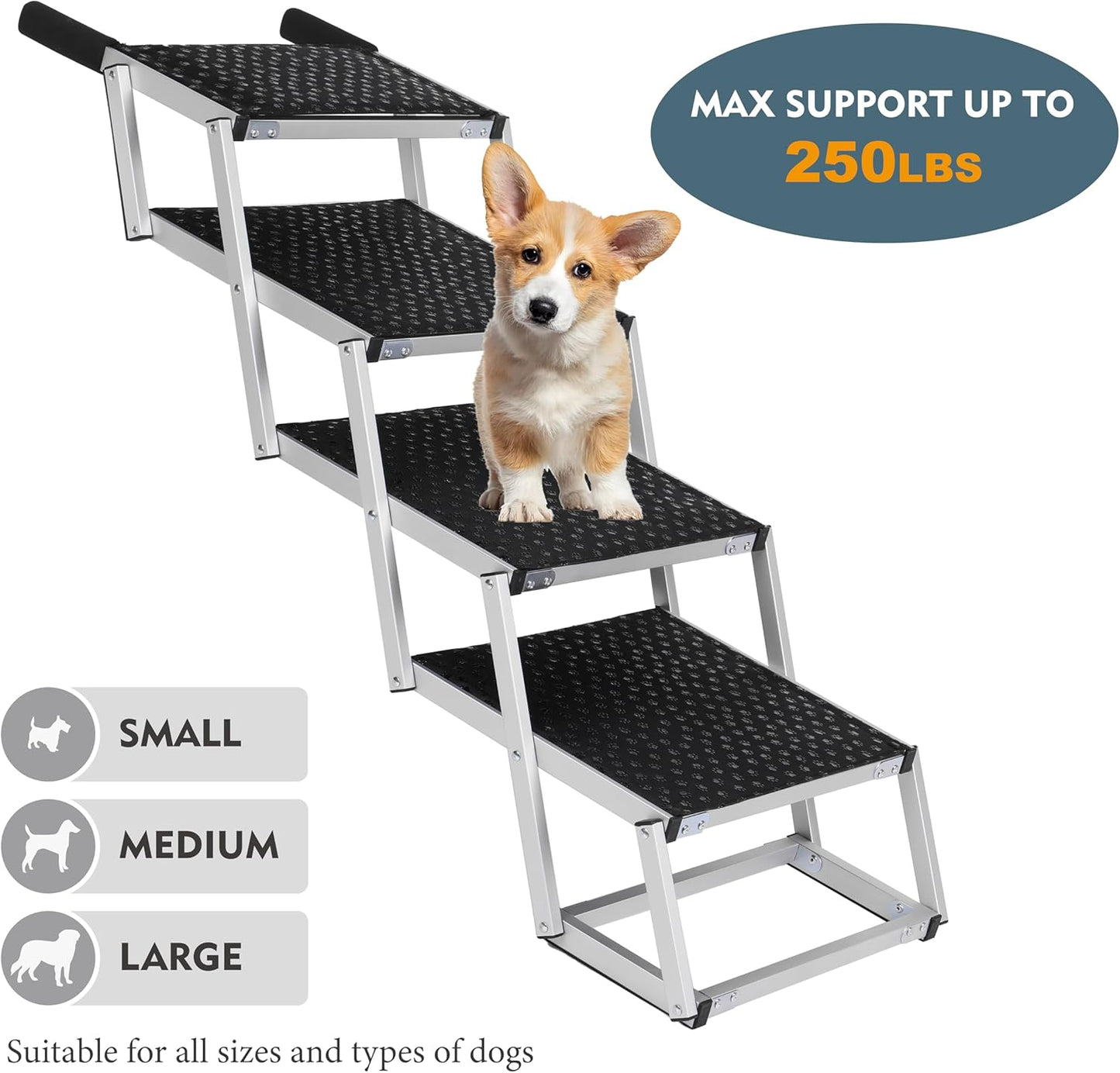 Foldable Dog Stairs for Cars, 4 Steps Wide Dog Ramp for Large Dogs with Non-Slip Surface, Lightweight Aluminum Foldable Steps for High Beds, Cars, SUVs, Trucks, Supports up to 250 lbs