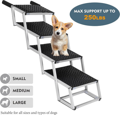 Foldable Dog Stairs for Cars, 4 Steps Wide Dog Ramp for Large Dogs with Non-Slip Surface, Lightweight Aluminum Foldable Steps for High Beds, Cars, SUVs, Trucks, Supports up to 250 lbs