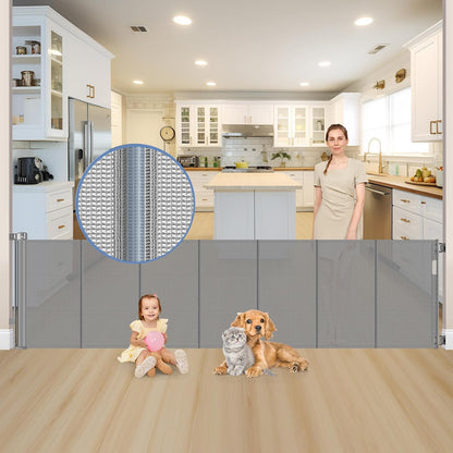 Reinforced 90 Inch Retractable Baby Gates Extra Wide Baby Gate with Reinforced Strips, 7.5ft Long Retractable Dog Gate for The House 33 Inch Tall Extra Long Pet Gates for Wide Openings, Black
