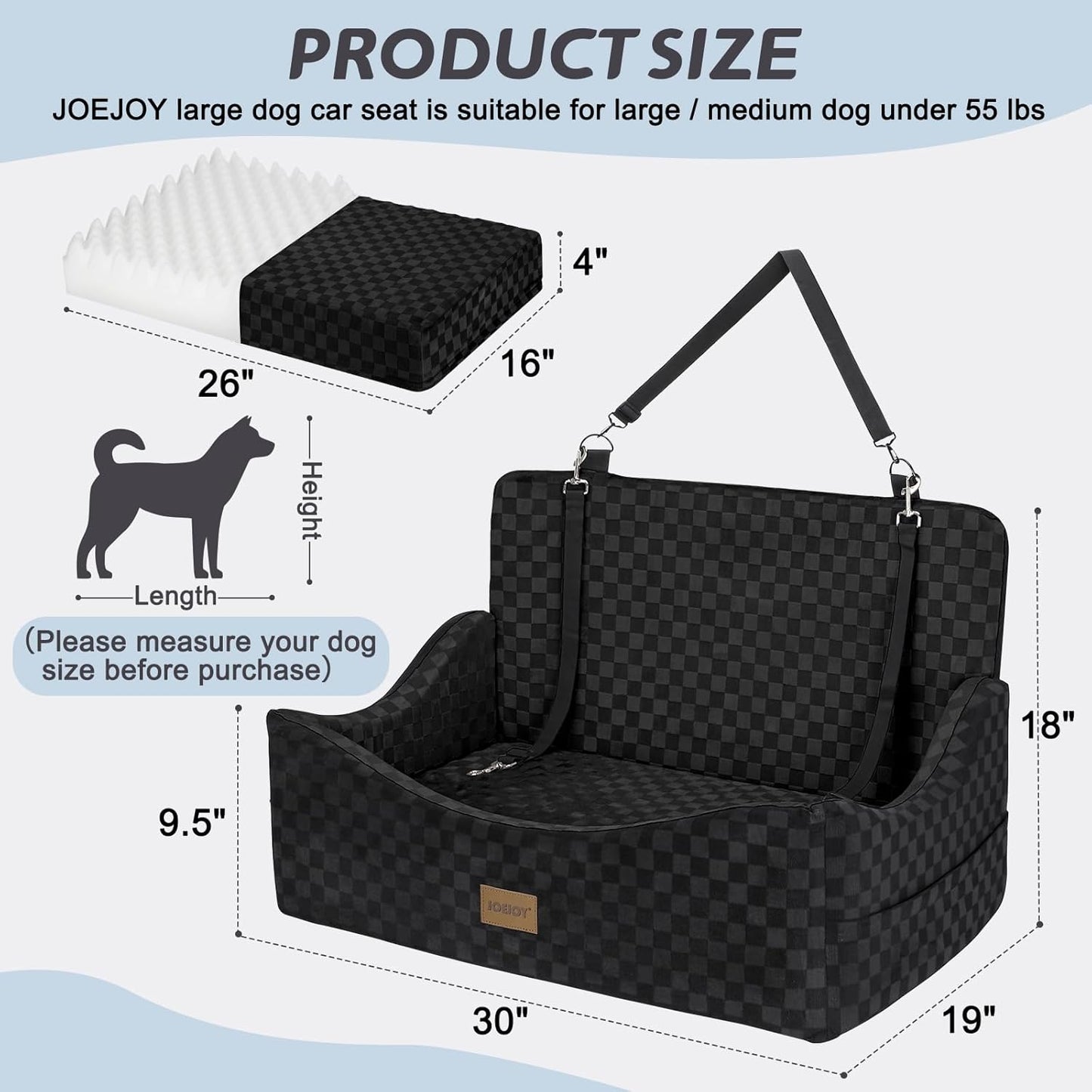JOEJOY Elevated Dog Car Seat for Small/Medium Dogs up to 35 lbs, Memory Foam Booster Seat with Detachable Washable Cover, Travel-Safe Car Bed with Safety Belts & Storage Pockets, Grey