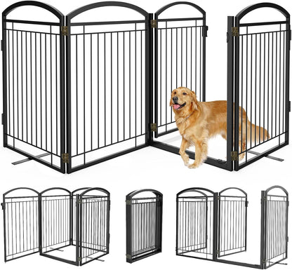 Full Metal Free Standing Dog Gate with Door for Indoor & Outdoor,96'' Extra Wide 32'' Tall Dog Gate for The Doorways,Large Openings,Decks,Porch,Pet Freestanding Safety Fence(4 Panels,Black)