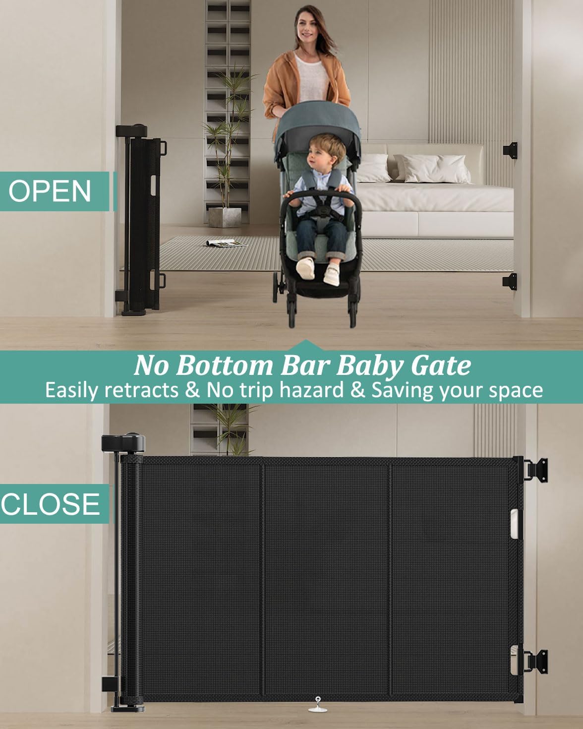 Miumoon 150 inch Retractable Baby Gates 42 inch Tall, Retractable Gate with Reinforced Strip Design to Prevent Crawling Through, 12 FT Extra Wide Retractable Dog Gate for Indoor/Outdoor