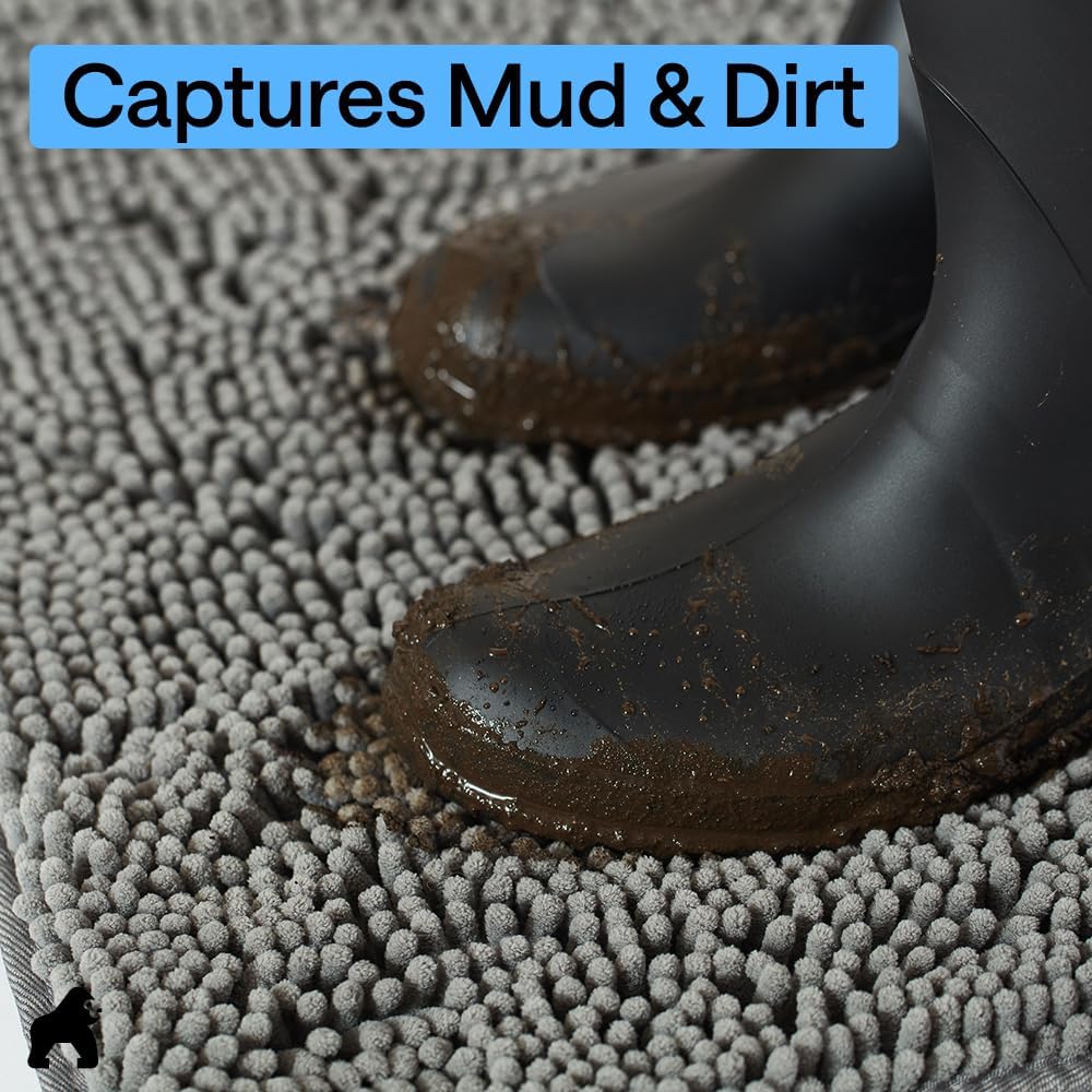GORILLA GRIP SoakSTOPPER Dog Door Mat, 30x20 Machine Washable Rug Absorbent Doormat Captures Moisture Mud Dirt, Quick Dry Soft Chenille Entryway Rugs Indoor Entrance Mats for Dog Paws, Paw Grey