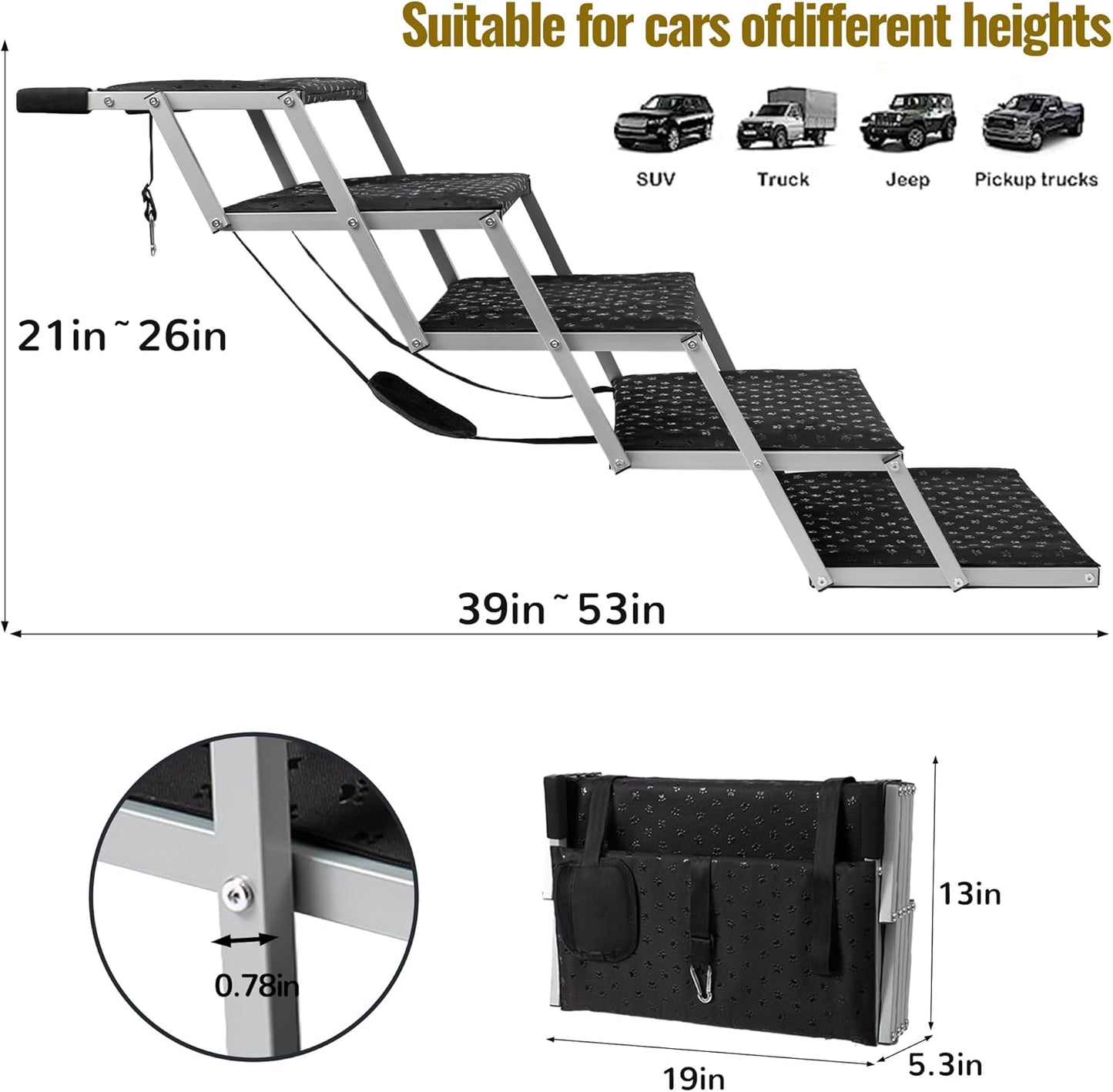 Dog Stairs for Car - Foldable Dog Ramps for Large Dogs with Non Slip Surface, Portable Dog Steps for Cars and SUV, Truck, Support Up to 200 Lbs