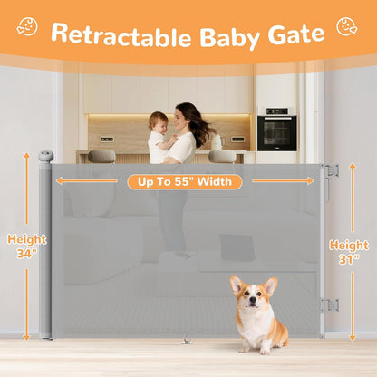 Retractable Baby Gate for Stairs & Doorways, 34" Tall Extends to 55" Wide, Mesh Baby & Pet Gate with Anti-Crawling Hook, Safety Gate for Toddlers, Doorways, Hallways, Indoor, Black