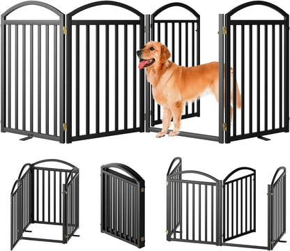 SNUOWU 4 Panels Full Matel Freestanding Dog Gates with Door, 96"Extra Wide 32"Tall Free Standing Dog Pet Gate for Indoor & Outdoor. Foldable Pet Fences for Doorways, House, Stairs, Porch, Deck, Yard
