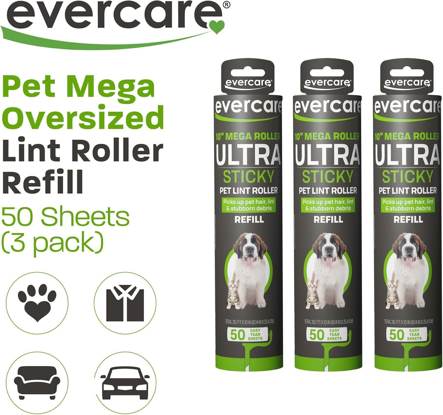 Evercare 10-Inch Mega All-Purpose Pet Hair Lint Roller Refill, 50 Sheets – Sticky Roller for Pet Hair, Cat & Dog Hair Remover, Lint Remover, Pet Hair Remover for Furniture, Clothing & Cars