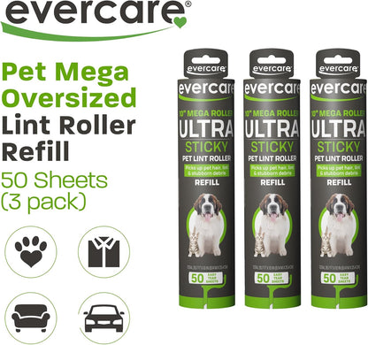 Evercare 10-Inch Mega All-Purpose Pet Hair Lint Roller Refill, 50 Sheets – Sticky Roller for Pet Hair, Cat & Dog Hair Remover, Lint Remover, Pet Hair Remover for Furniture, Clothing & Cars