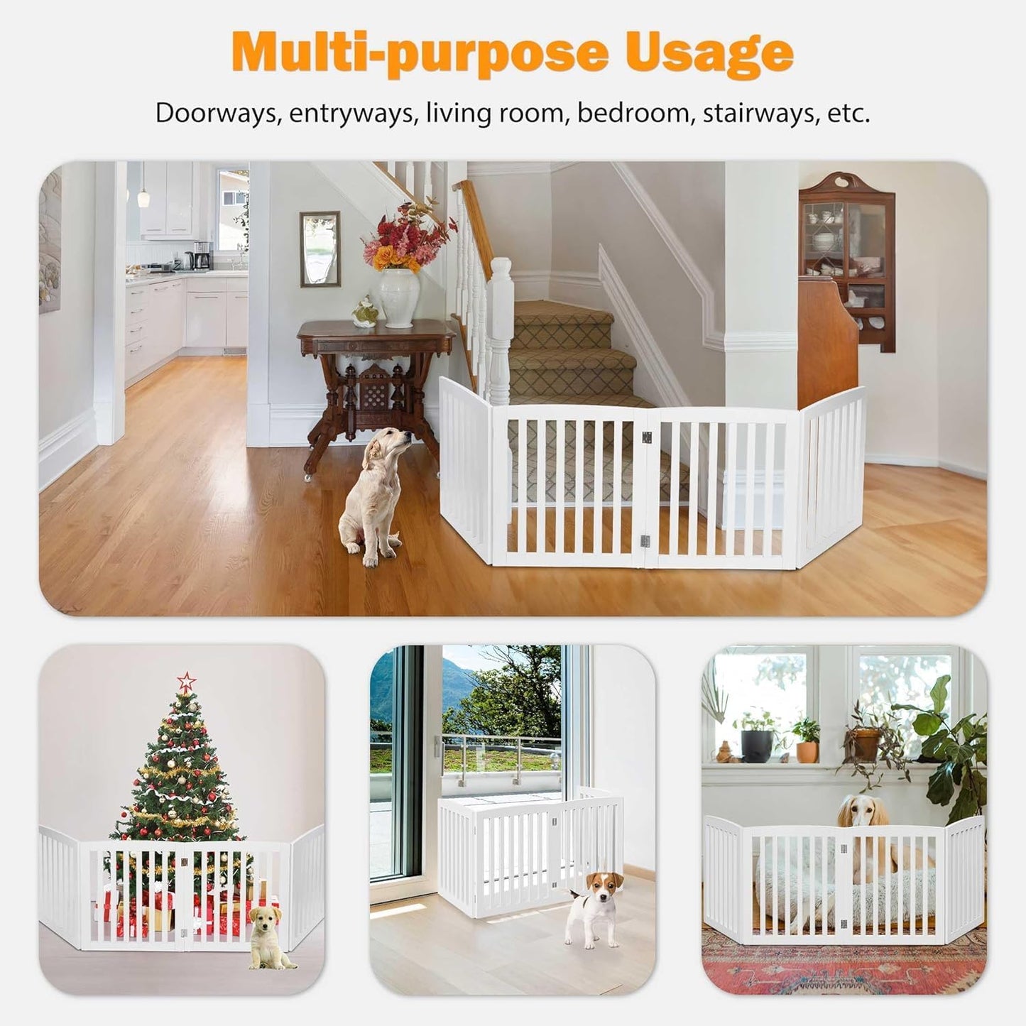 24 Inch Freestanding Indoor Retractable Dog Gate Pet Gate for Stairs, Hallways or Doorways 3 Panels Indoor Foldable Puppy Dog Fence Wooden Safety Fence, White