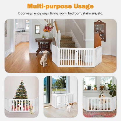 24 Inch Freestanding Indoor Retractable Dog Gate Pet Gate for Stairs, Hallways or Doorways 3 Panels Indoor Foldable Puppy Dog Fence Wooden Safety Fence, White