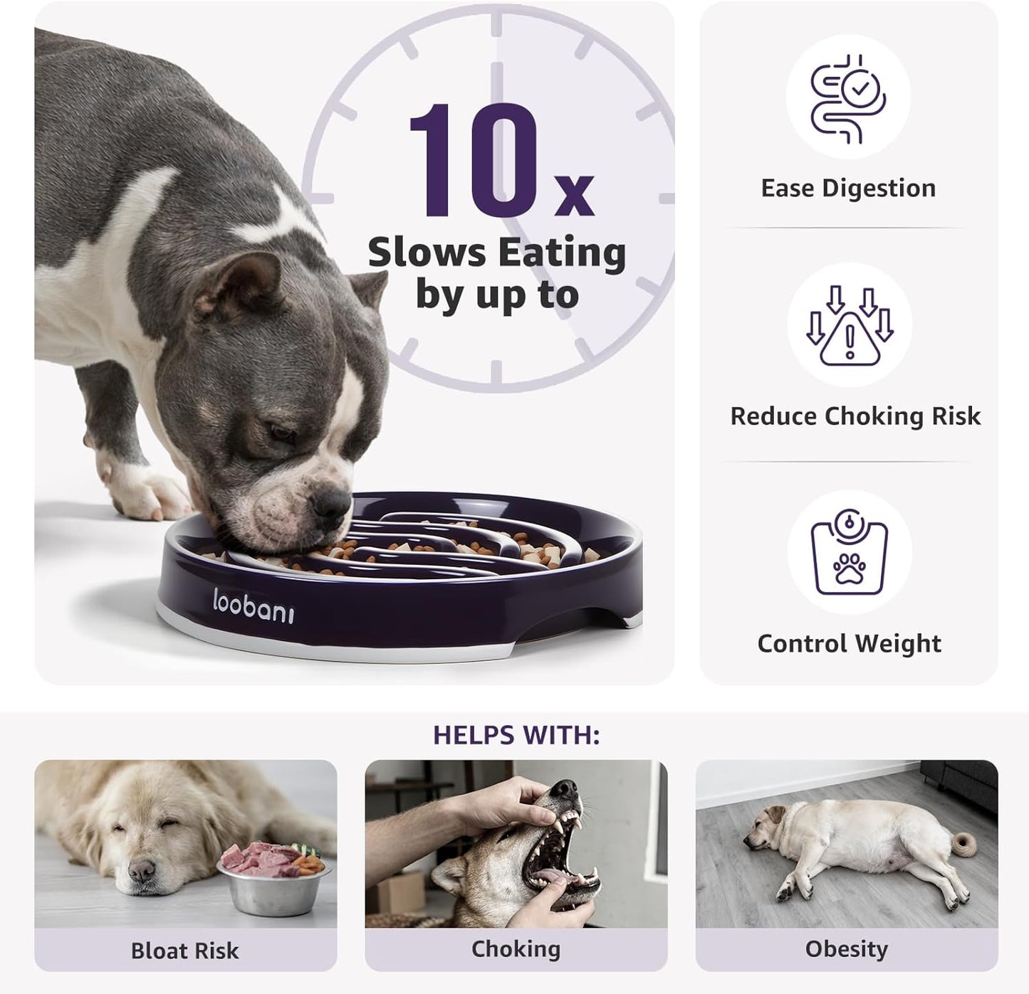 LOOBANI Slow Feeder Dog Bowls - 3.5 Cups Ceramic Slow Feeder Dog Bowls for Large Dogs, Slow Feeding Easy-Grip Handles, Perfect for Fast Eaters Goldens, Labradors & Huskies (L, Purple)