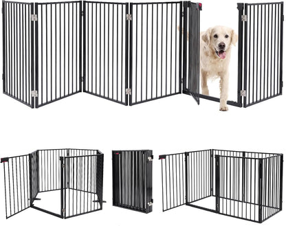 Metal Freestanding Dog Gates,Extra Wide 24", 32" Height Foldable Dog Fence for Indoor & Outdoor, Heavy Duty Freestanding Pet Barrier for Stairs, Doorways, Halls, Kitchen,Yard